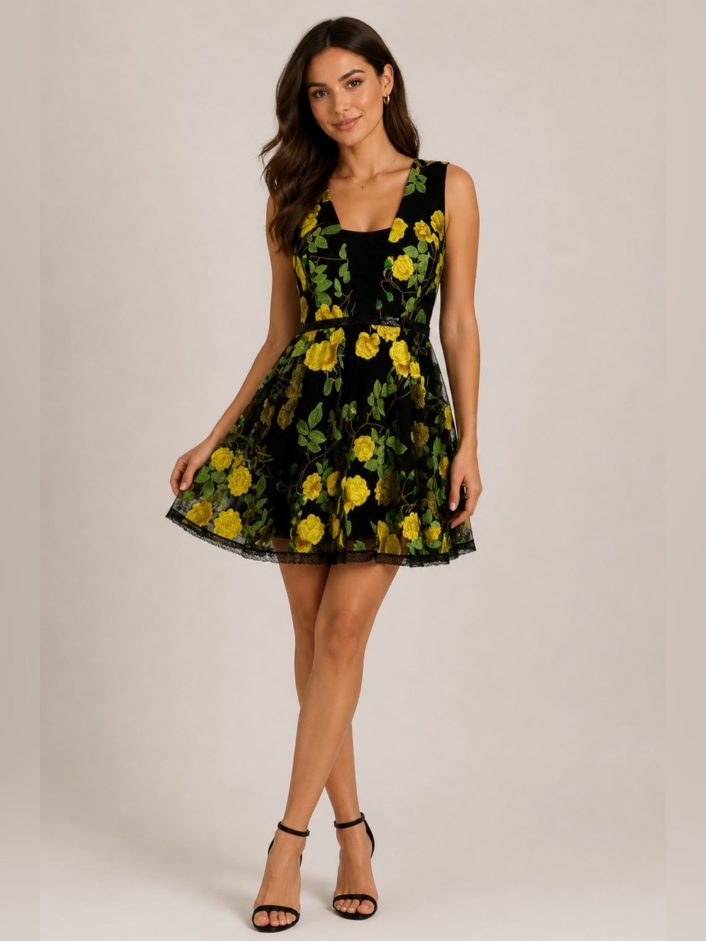 HELSI | Cathy Black Yellow Rose Embroidered Lace Back Fit & Flare Dress | Sz XL